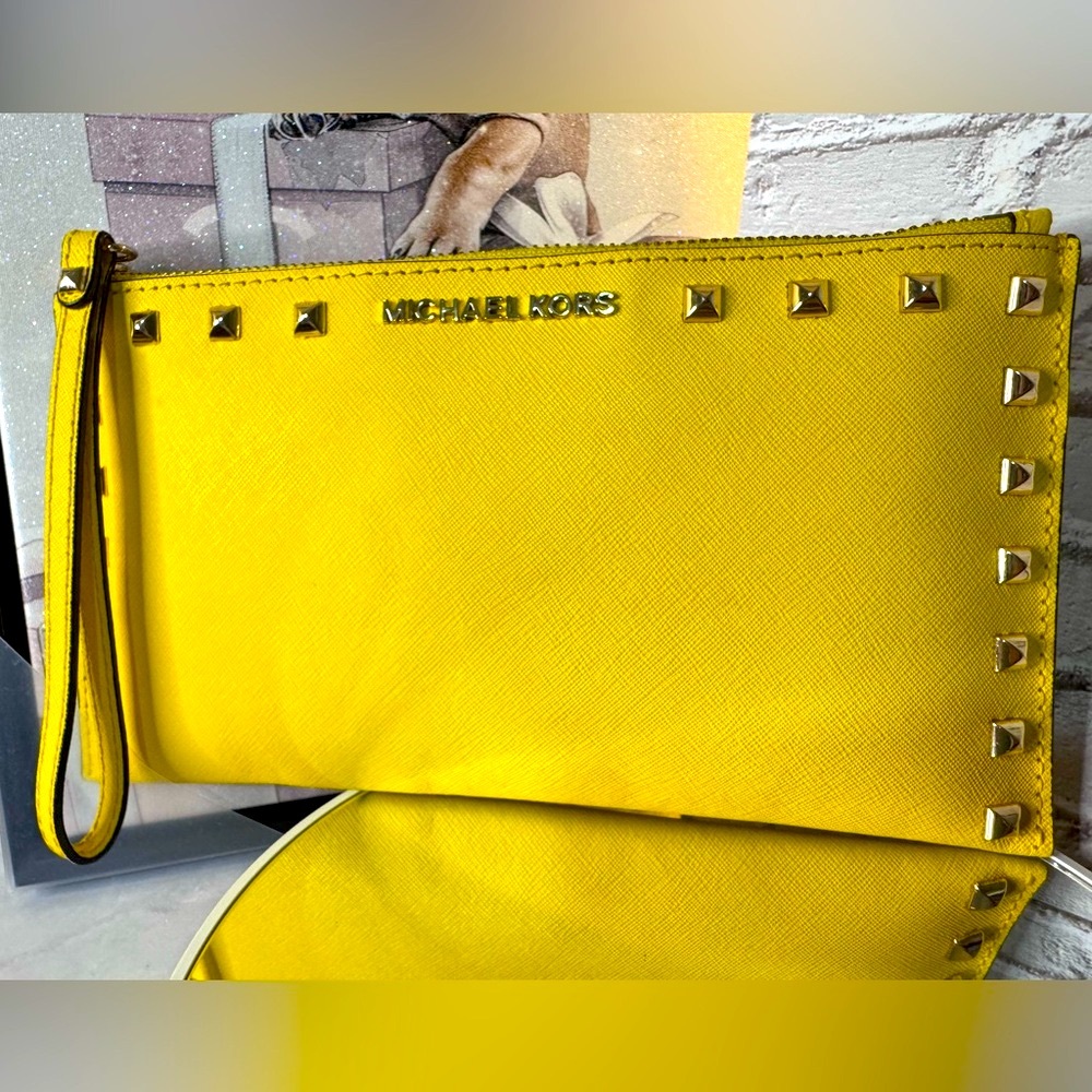 MICHAEL KORS Yellow Zip Clutch- Sandrine wristlet clutch w Gold stud Accents EUC